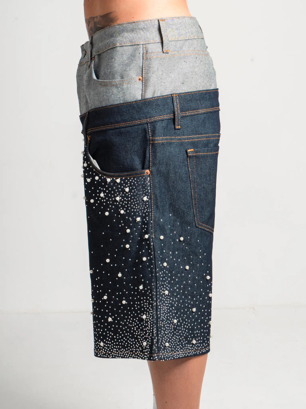 DENIM SHORT BELT PEARLED
