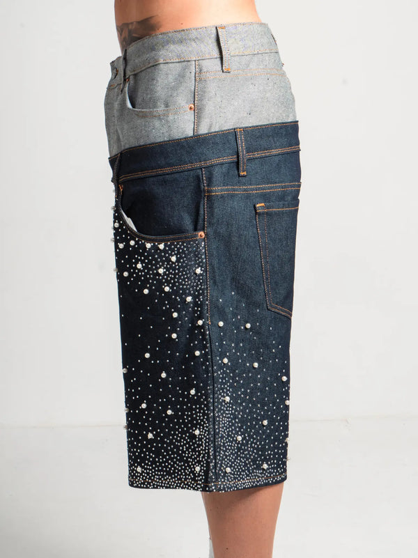 DENIM SHORT BELT PEARLED