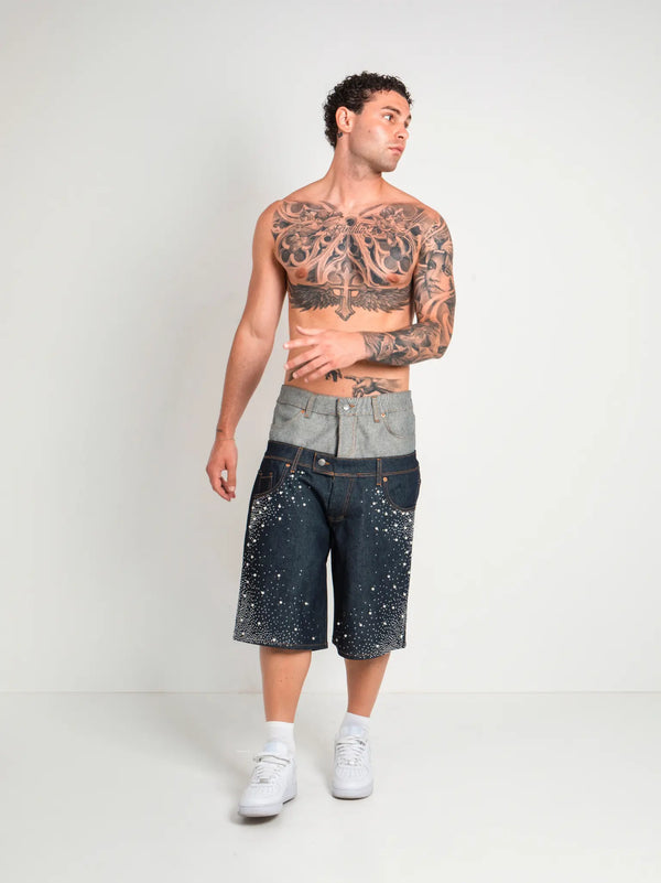DENIM SHORT BELT PEARLED