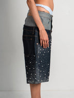DENIM SHORT BELT PEARLED