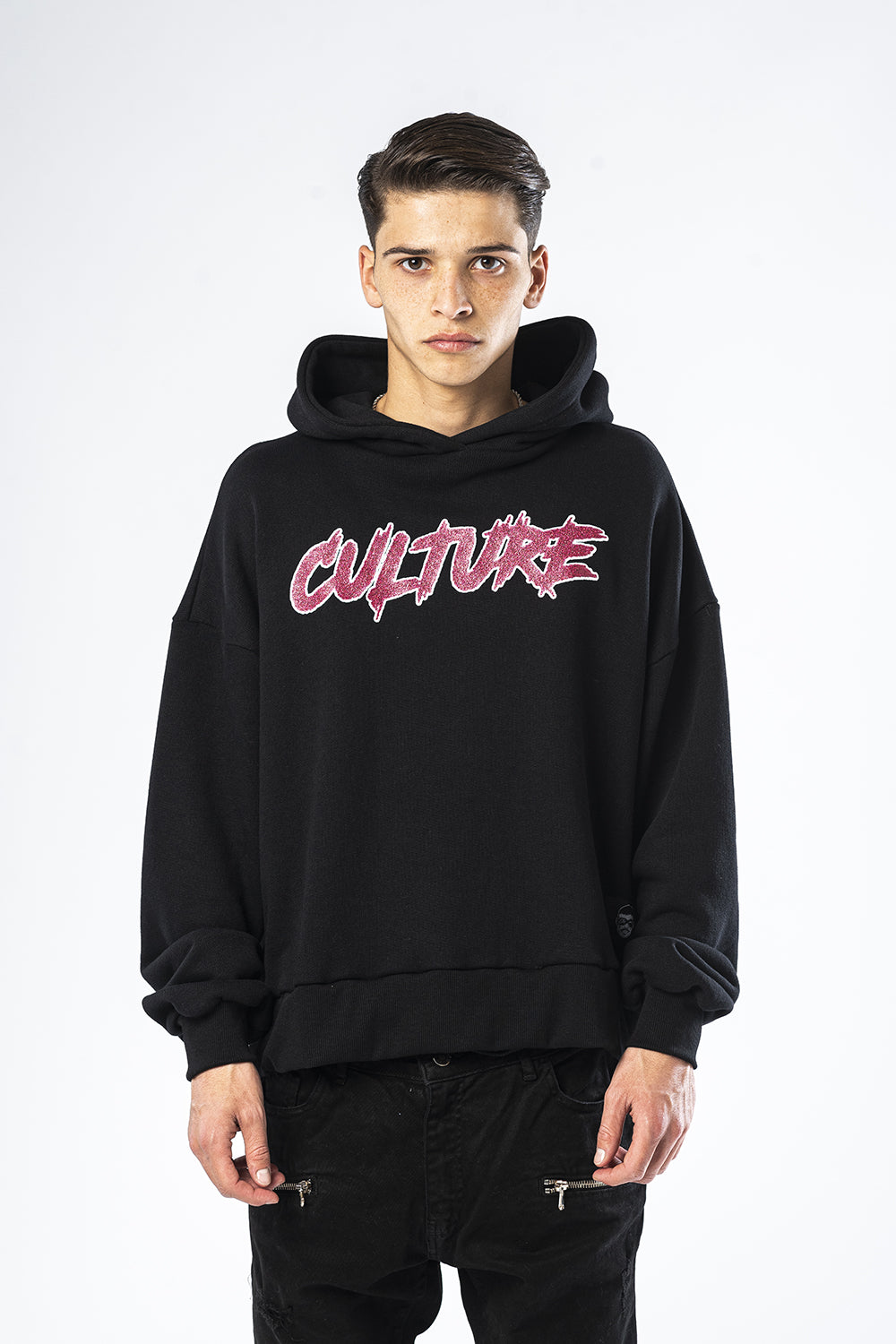 Black hooded sweatshirt with Culture Effemme Exclusive Lab print