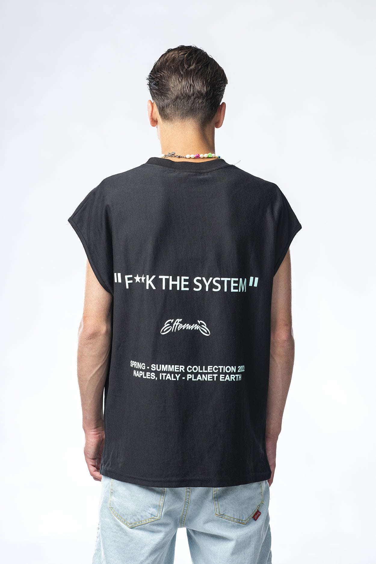 Black T-shirt with Fuck the System Effemme print