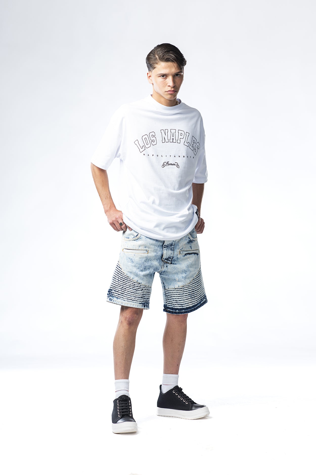 Bermudas biker vaqueras con lavado jaspeado Lab exclusivas de Effemme