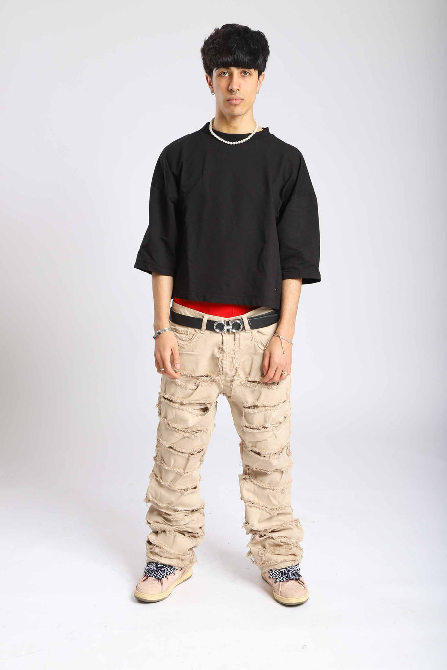 Jeans double denim beige cream con rotture cucite