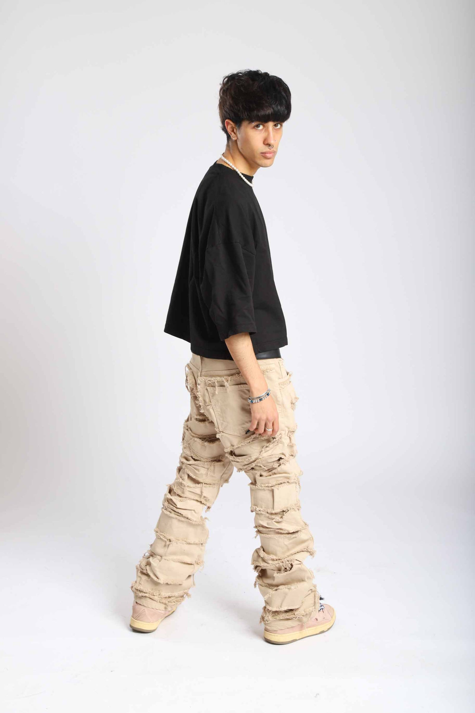 Jeans double denim beige cream con rotture cucite