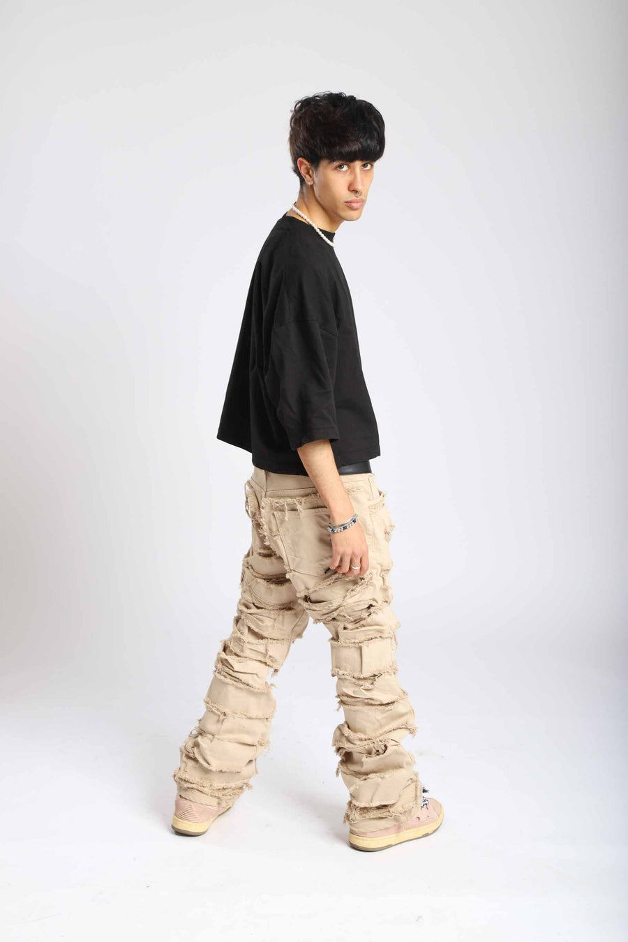 Jeans double denim beige cream con rotture cucite