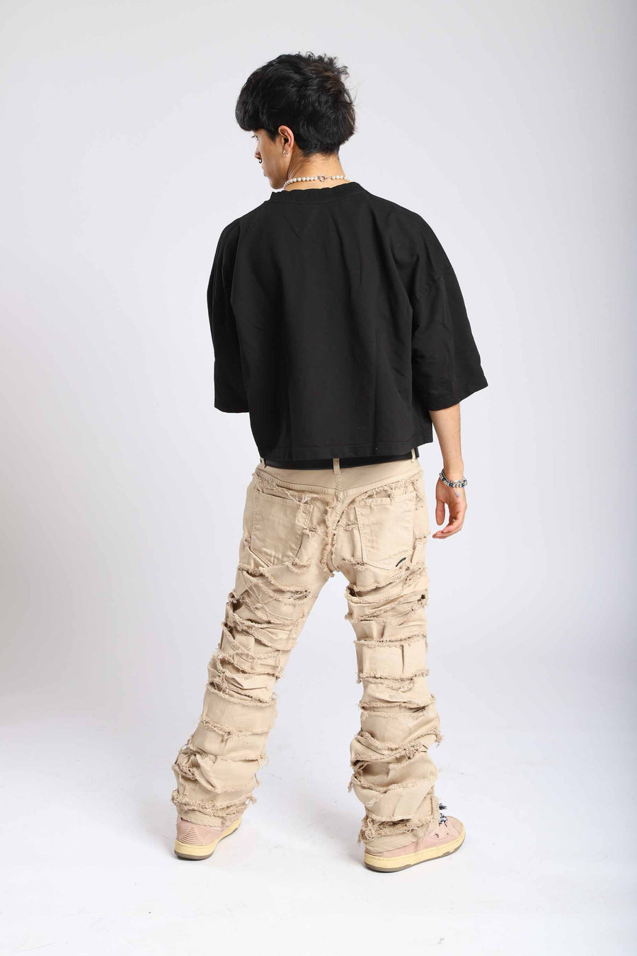 Jeans double denim beige cream con rotture cucite