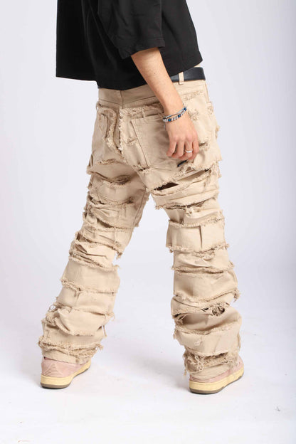 Beige cream double denim jeans with stitched rips