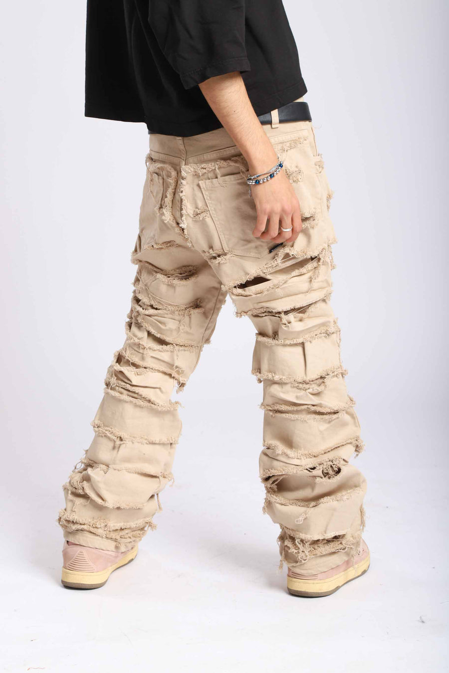 Jeans double denim beige cream con rotture cucite